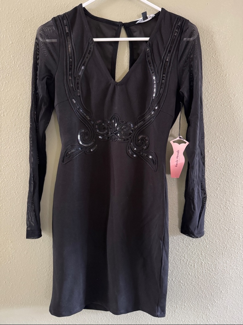 Black Formal Embellished Long-Sleeve Dress sz Small Sheer Sleeves